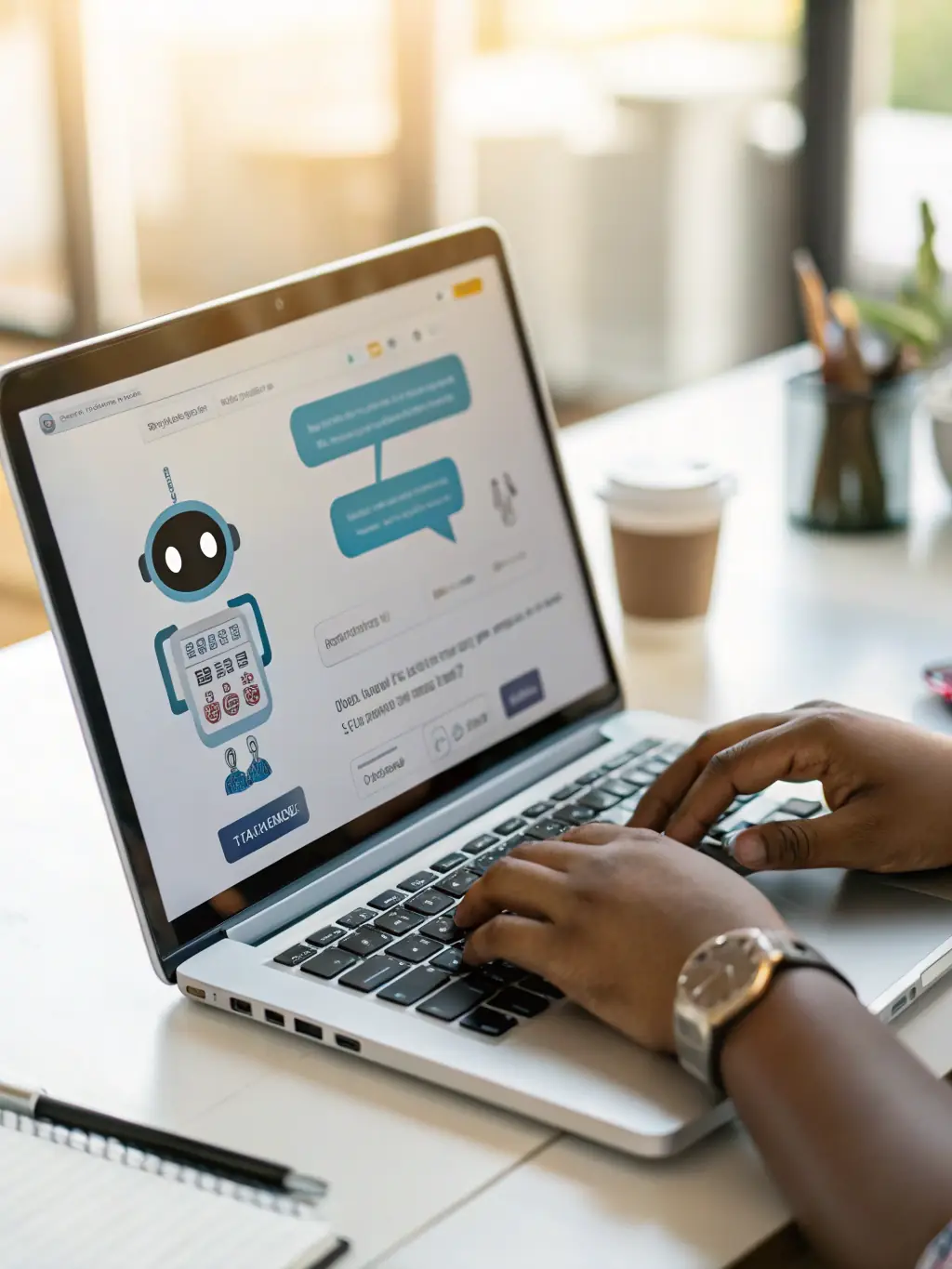 An AI-powered chatbot interface assisting a customer, with a friendly and helpful design. The background should suggest a seamless digital experience.