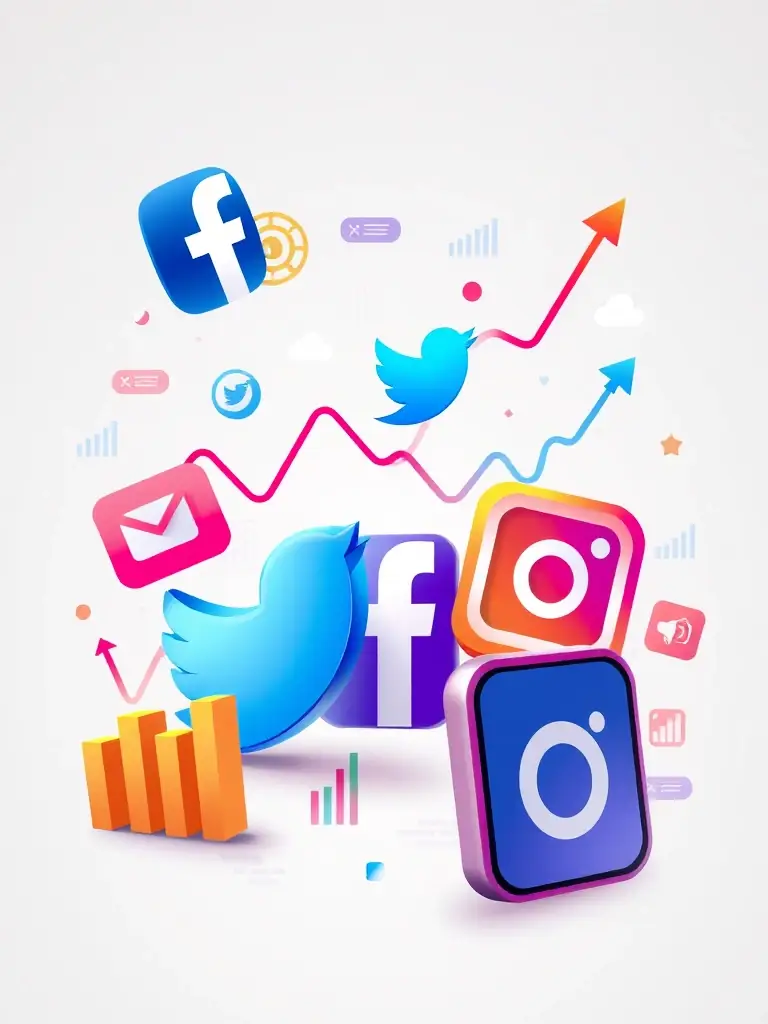 A graphic representing social media posts being automatically scheduled and analyzed, with charts and graphs indicating engagement metrics. The color scheme should be vibrant and engaging.